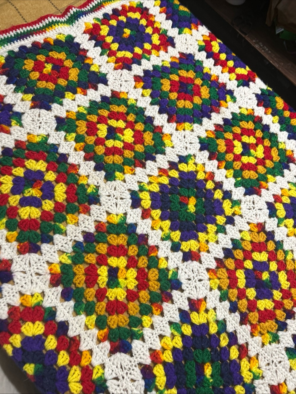 Handmade Crochet Granny Square Throw Blanket - White with Multicolor Accents